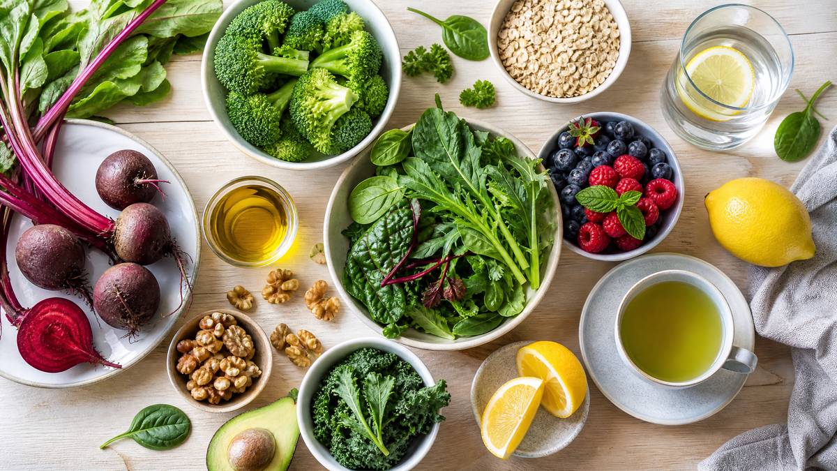 Gesunde Lebensmittel wie Gemüse, Nüsse, Beeren und Grüntee
